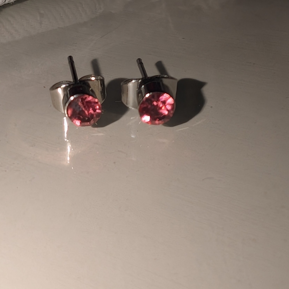 Silver Stud Earrings with Pink Gem